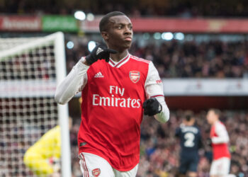 LONDON, ENGLAND - FEBRUARY 23: Eddie Nketiah of Arsenal FC celebrate after scoring 1st goal during the Premier League match between Arsenal FC and Everton FC at Emirates Stadium on February 23, 2020 in London, United Kingdom. (Photo by Sebastian Frej/MB Media/Getty Images)