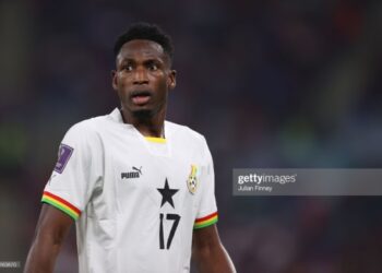 DOHA, QATAR - NOVEMBER 24: Abdul Rahman Baba of Ghana  looks on during the FIFA World Cup Qatar 2022 Group H match between Portugal and Ghana at Stadium 974 on November 24, 2022 in Doha, Qatar. (Photo by Julian Finney/Getty Images)